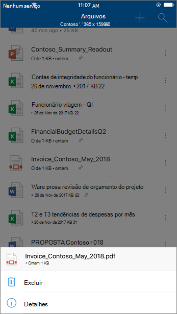 Captura de tela da exclusão de um arquivo bloqueado de OneDrive for Business do aplicativo móvel do OneDrive