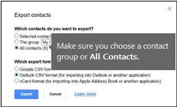 Escolher contatos para exportações e escolher o formato csv do Outlook para exportar contatos do Google