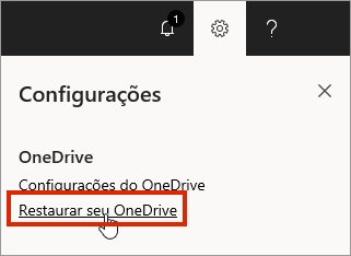 Menu de configurações do OneDrive for Business online com o recurso Restaurar realçado