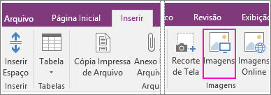 Captura de tela do botão Inserir Imagens no OneNote 2016.