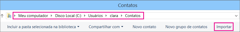 Navegue até a pasta Contatos e escolha a opção Importar.