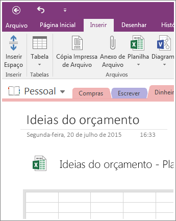 Captura de tela de uma nova planilha no OneNote 2016.