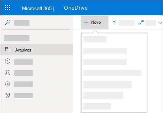 Captura de tela da seleção do menu Novo para criar um novo documento no OneDrive for Business