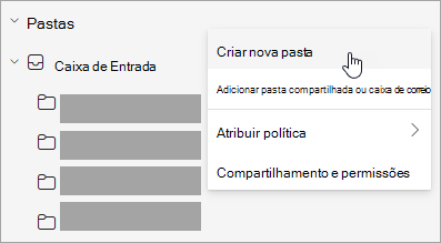 Captura de tela de Criar nova pasta selecionada no menu Mais opções no painel de pastas