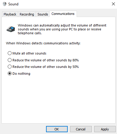 O separador Comunicações do Painel de Controlo de Som tem quatro formas para o Windows processar sons quando utiliza o seu PC para chamadas ou reuniões. A opção "Não fazer nada" está selecionada.