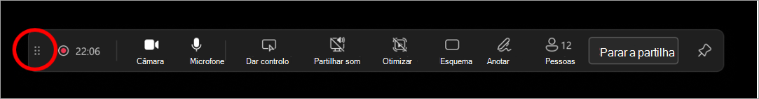 Selecione e arraste a barra de arrastar para mover a barra de ferramentas do apresentador para qualquer parte do ecrã.