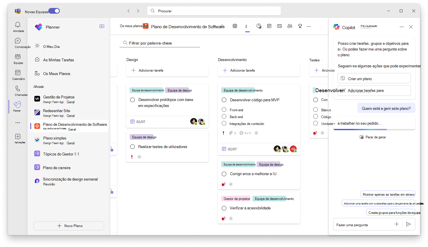 A captura de ecrã mostra a interface de utilizador do Copilot no progresso do controlo do Planner.