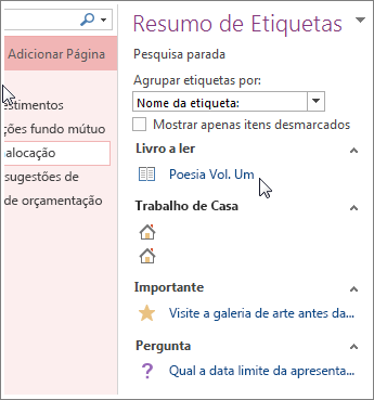 Procurar notas com etiquetas no painel Resumo de Etiquetas