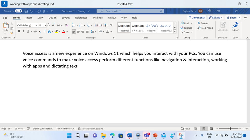 Word documento que mostra o comando de acesso por voz para inserir texto.