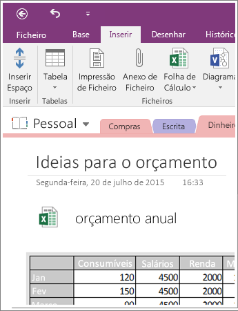 Captura de ecrã de uma folha de cálculo incorporada no OneNote 2016.