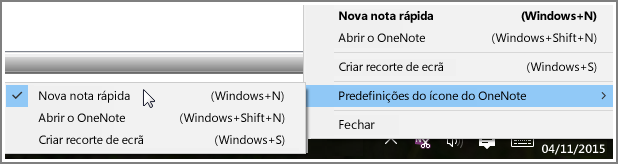 Captura de ecrã do tabuleiro do sistema com opções do OneNote.