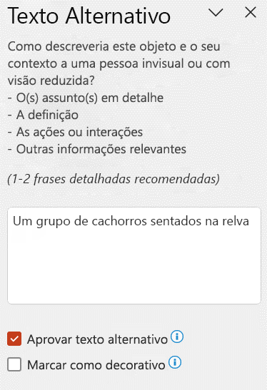 Texto alternativo automático apresentado no painel Texto Alternativo com a caixa de verificação Aprovar texto alternativo selecionada.