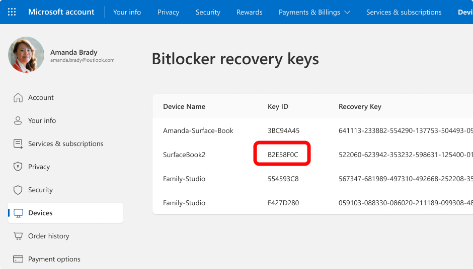 Captura de ecrã a mostrar as chaves de recuperação bitLocker de uma conta Microsoft.