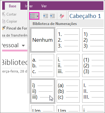 Captura de ecrã a mostrar como adicionar numeração a uma página no OneNote 2016.