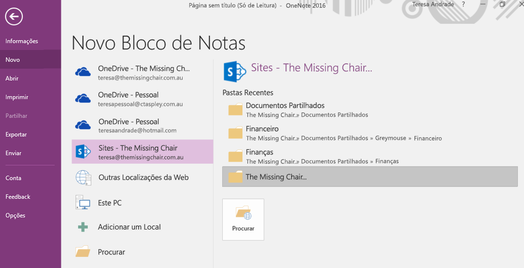 Interface de seleção de pasta para o Novo Bloco de Notas do OneNote para Windows 2016