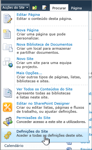 Definições do site no menu de ações do site