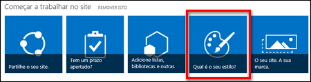 Site criado recentemente no SharePoint Online, que mostra os mosaicos clicáveis para personalizar mais o site