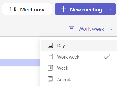 Captura de ecrã do menu pendente a mostrar diferentes vistas de calendário no Teams.