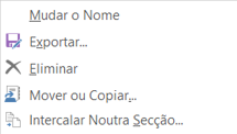 Itens do menu de contexto da secção do OneNote para Windows 2016, incluindo Mover ou Copiar