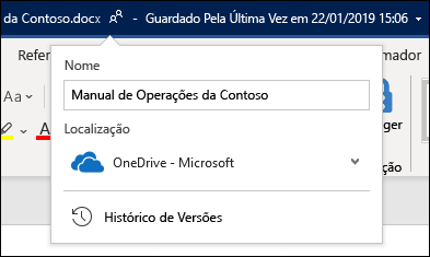 O menu pendente do título do documento no Word para Office 365