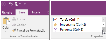 Captura de ecrã da lista de etiquetas no OneNote 2016.