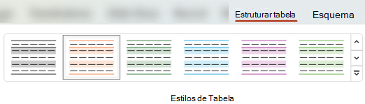 No separador Estrutura da Tabela, pode escolher entre muitos estilos de tabela predefinidos para aplicar rapidamente formatação diferente a uma tabela.