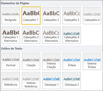 Captura de ecrã de Elementos de Página e Estilos de Texto, disponíveis a partir do grupo Estilos no friso do SharePoint Online.