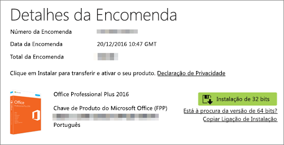 Mostra o botão Instalar nos Detalhes da Encomenda do Programa de Direitos de Utilização Doméstica