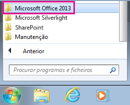 Office 2013 group under All Programs in Windows 7