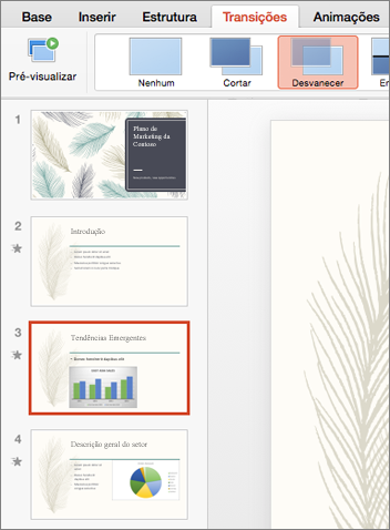 Selecione o diapositivo ao qual pretende adicionar uma transição a partir do painel de Miniaturas