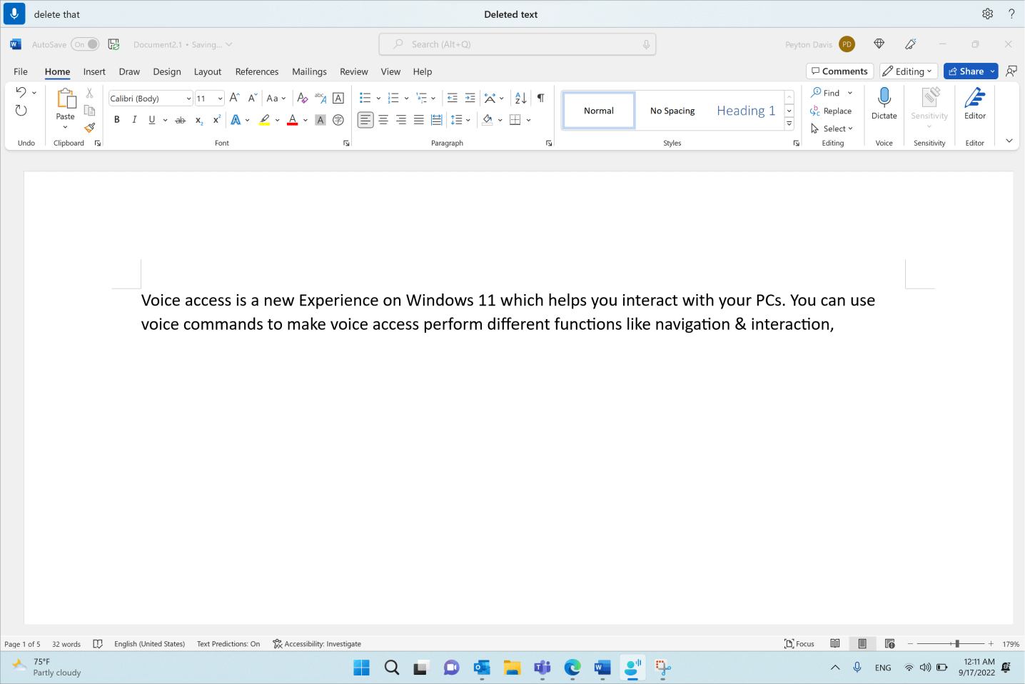 Word documento que mostra o comando de acesso por voz "Eliminar isso".