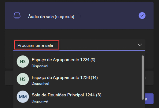 Captura de ecrã a mostrar a barra de pesquisa para a opção Áudio da sala no ecrã de pré-reunião do Teams.