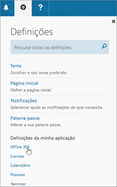 Painel Definições do Office 365