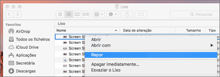 Clique com o botão direito do rato no menu para recuperar um ficheiro do Lixo num Mac