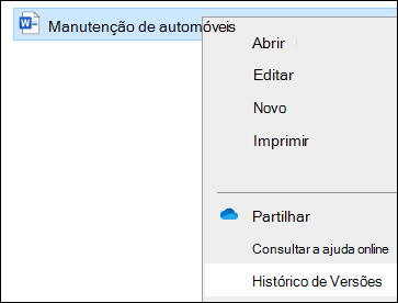 Explorador de Ficheiros menu, incluindo a opção Histórico de versões.