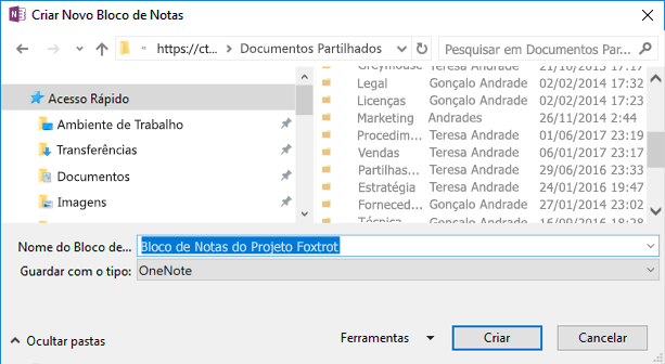 Caixa de diálogo Criar Novo Bloco de Notas no OneNote para Windows 2016
