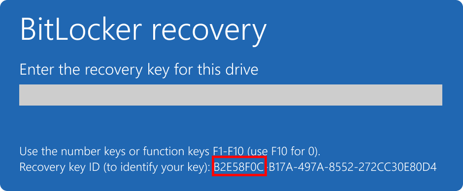 Captura de ecrã do ecrã de recuperação BitLocker a realçar o ID da chave.