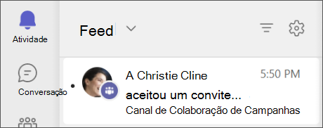 Teams – feed de atividades aceite de convite de equipa de canal partilhado