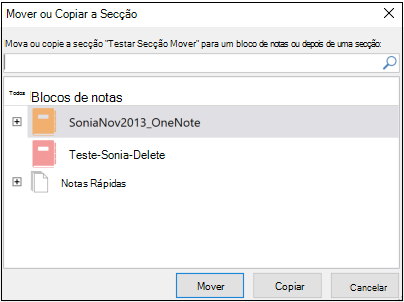 Caixa de diálogo Mover ou Copiar Secção do OneNote para Windows 2016