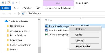 Menu de contexto para recuperar um ficheiro eliminado da Reciclagem