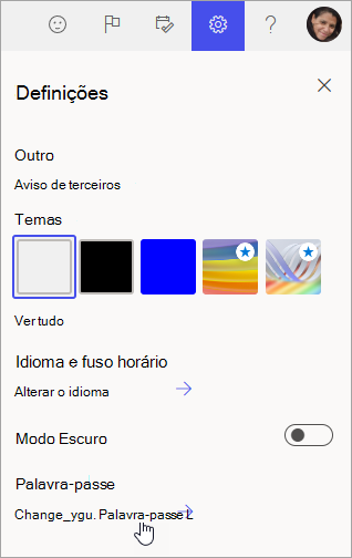 Captura de ecrã de Definições e Alterar palavra-passe no Microsoft 365