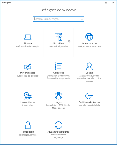 Windows das definições do dispositivo