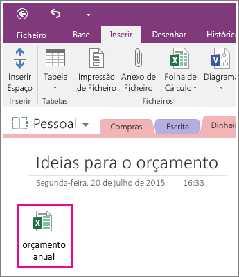 Captura de ecrã de uma folha de cálculo anexada no OneNote 2016.