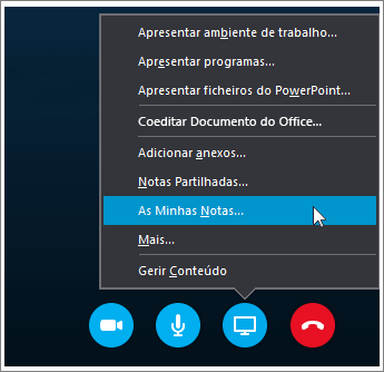 Captura de ecrã a mostrar como partilhar notas do OneNote 2016 no Skype para Empresas.