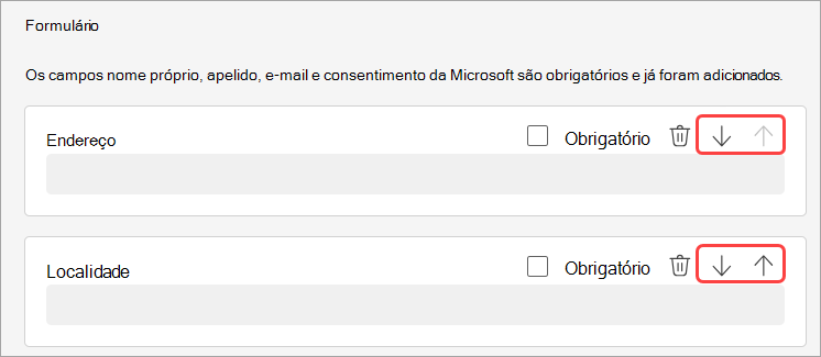 Captura de ecrã a realçar como reordenar perguntas de registo de um webinar.