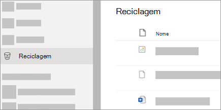 Uma captura de ecrã a mostrar o separador Reciclagem no OneDrive.com.