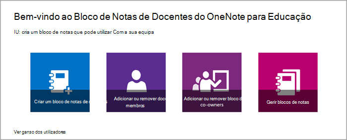 Captura de ecrã das opções de gestão de blocos de notas de docentes na aplicação Bloco de Notas de Docentes.