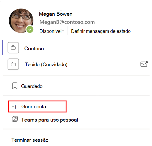 Num cartão de perfil, uma caixa vermelha realça Gerir conta.