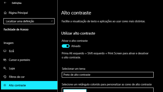 Ativo o alto contraste na Windows 10 Definições Aplicação.