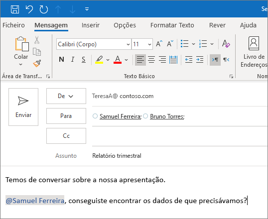 A funcionalidade Menção com @ no Outlook